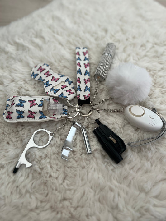 White Butterfly Safety Keychain/10 in 1 Keychain Set With Personal Alarm (Battery Included)